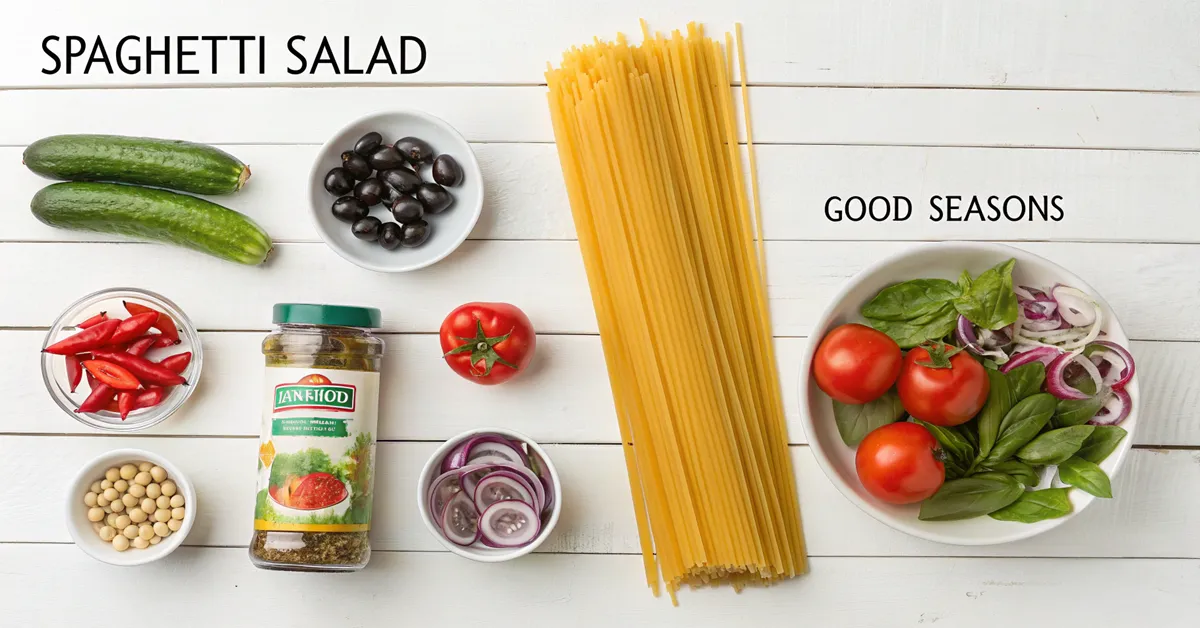 spaghetti-salad-recipe-ingredients- All ingredients needed for spaghetti salad recipe laid out on white background