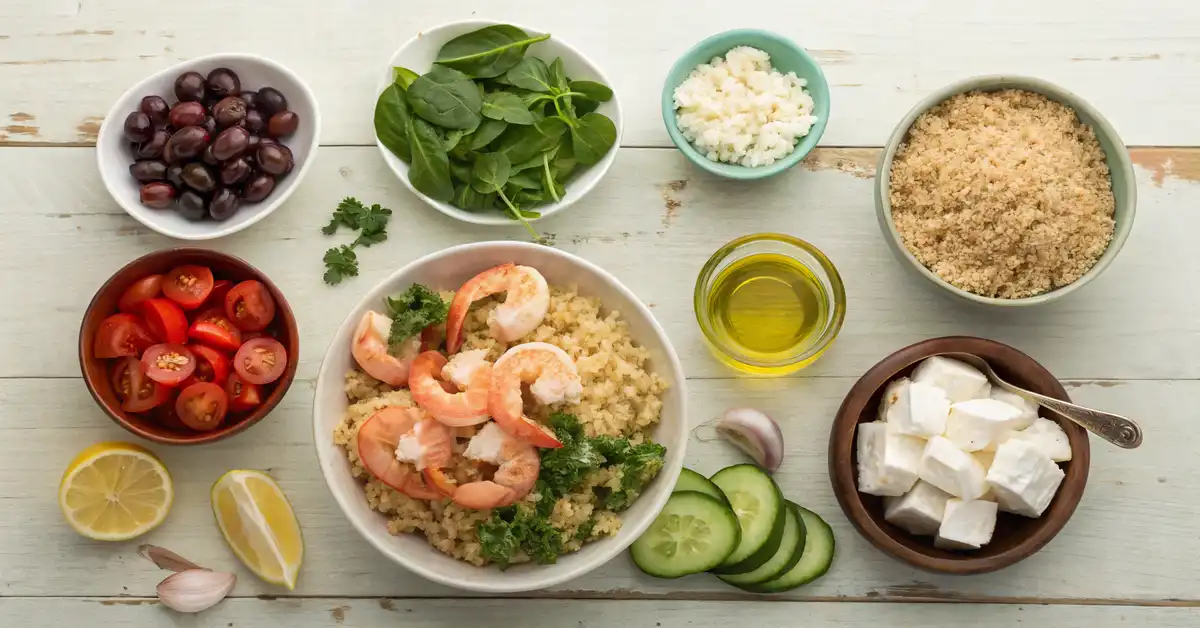 mediterranean-shrimp-bowl-ingredients Mediterranean shrimp bowl ingredients prepared for cooking