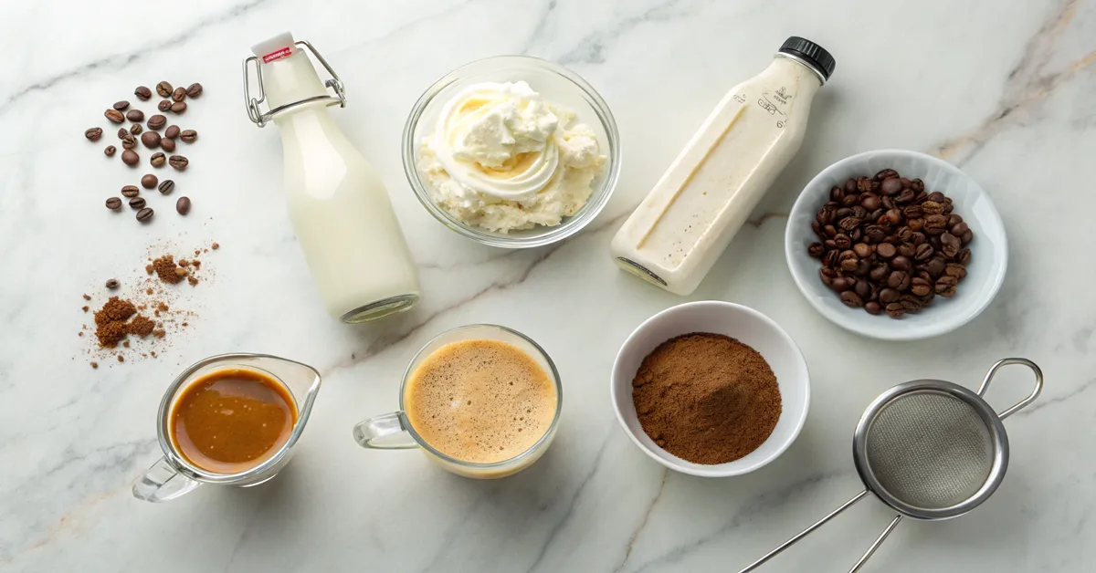 Tiramisu latte ingredients laid out including mascarpone, espresso, and milk