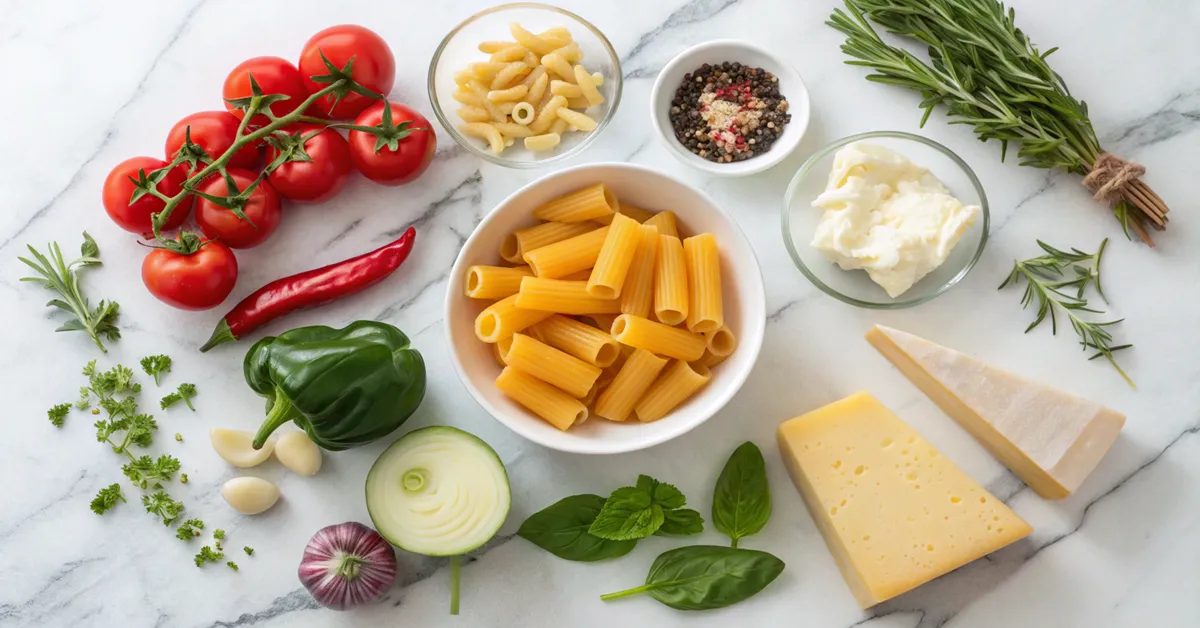 Fresh ingredients for baked rigatoni without meat recipe laid out on marble surface 