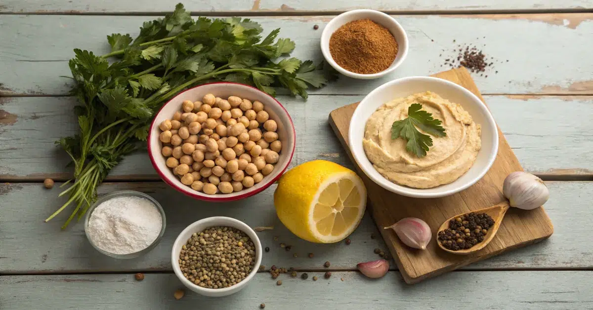hummus-bil-lahme-ingredients-flatlay Ingredients for making traditional Hummus bil Lahme