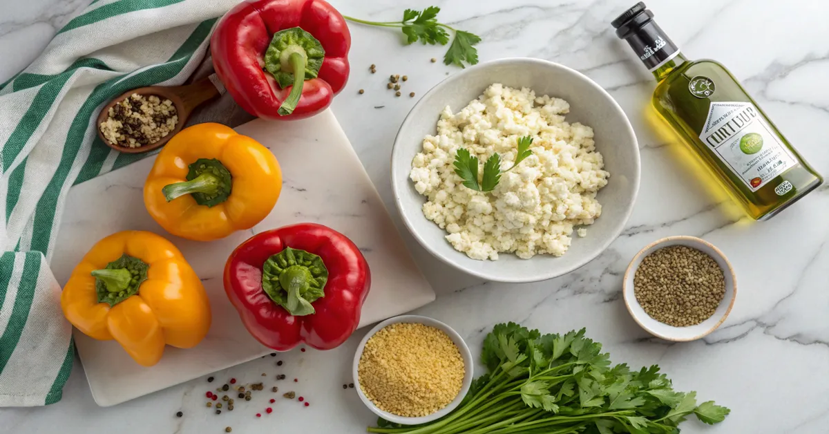 stuffed-peppers-ingredients-flatlay. Fresh ingredients for grilled feta stuffed peppers recipe laid out