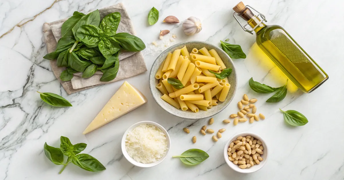 rigatoni-pesto-ingredients-layout Fresh ingredients for making homemade rigatoni pesto recipe