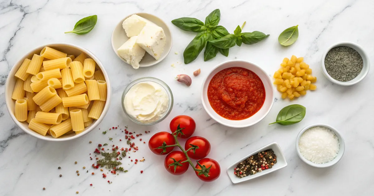 Ingredients for mezzi rigatoni recipe laid out on marble counter