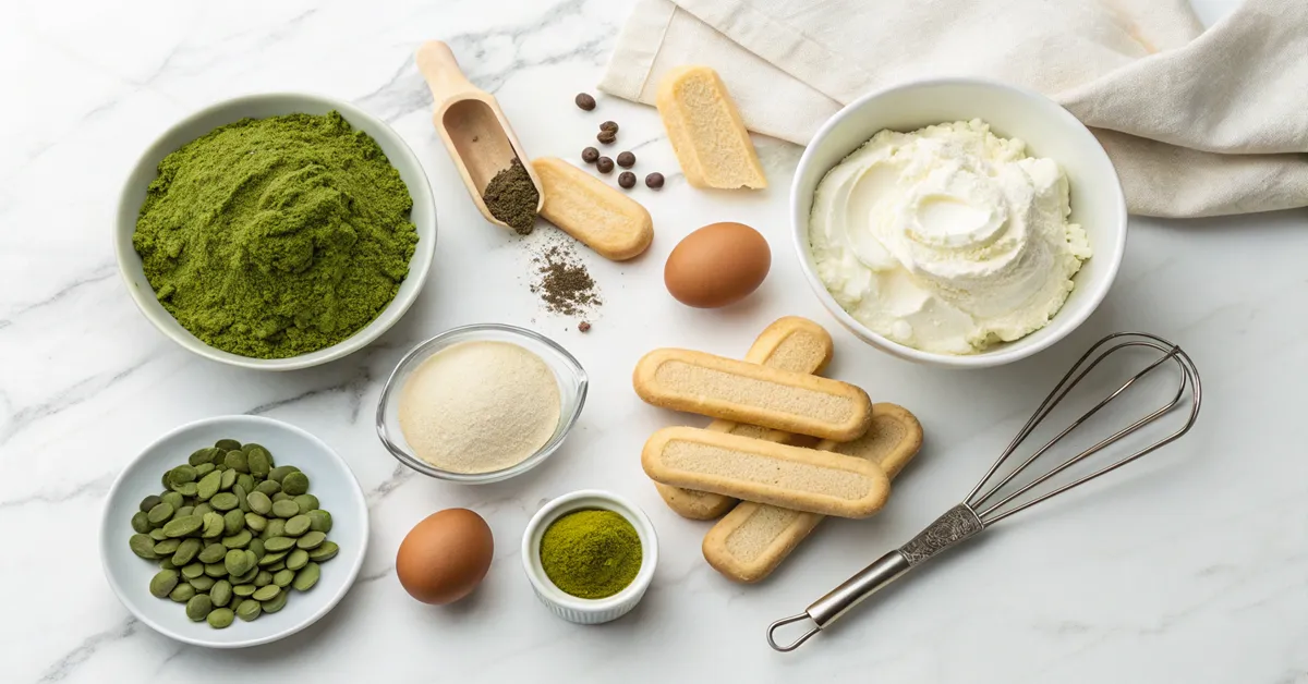 Fresh ingredients for homemade matcha tiramisu including premium matcha powder and mascarpone cheese