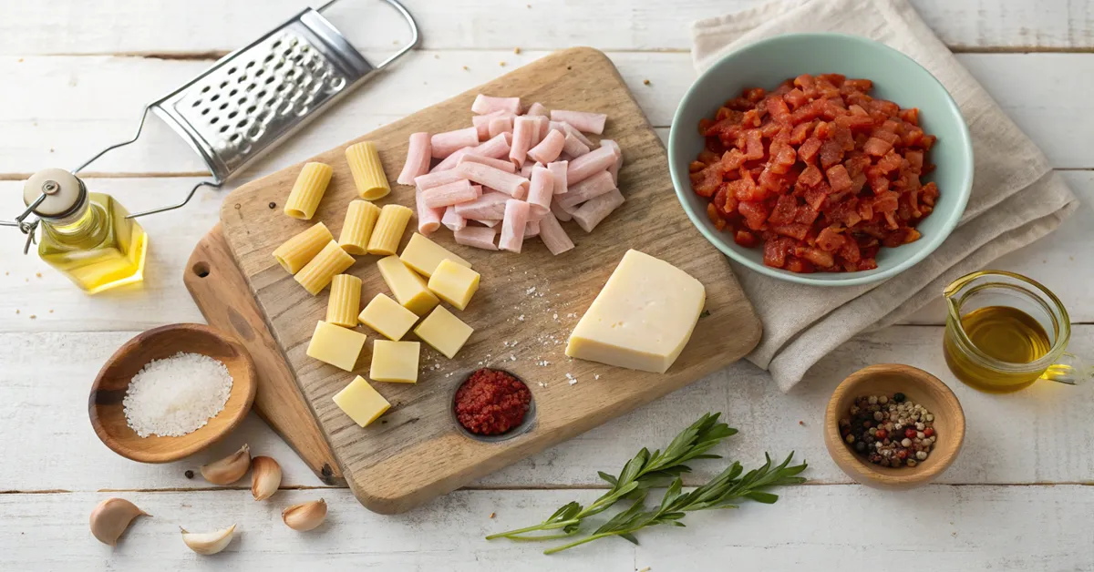 rigatoni-amatriciana-ingredients-layout. Fresh ingredients for rigatoni all'amatriciana recipe