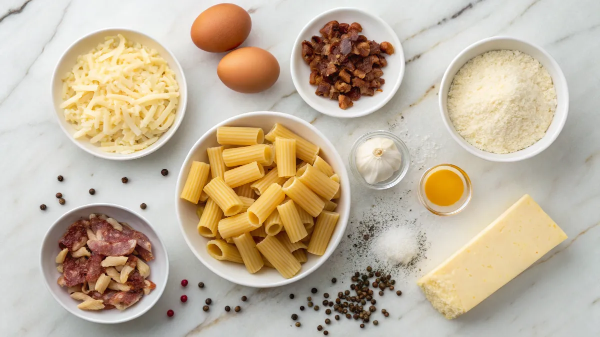carbonara-ingredients-layout Rigatoni carbonara ingredients including pasta, guanciale, eggs, and Pecorino Romano