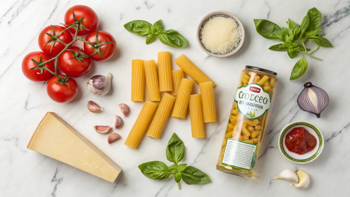 Rigatoni pomodoro ingredients laid out for cooking