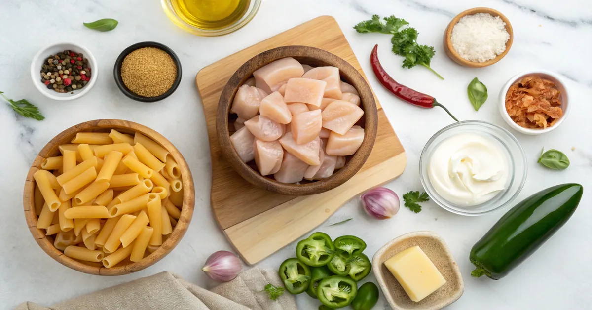 Ingredients for spicy rigatoni chicken recipe laid out on marble surface
