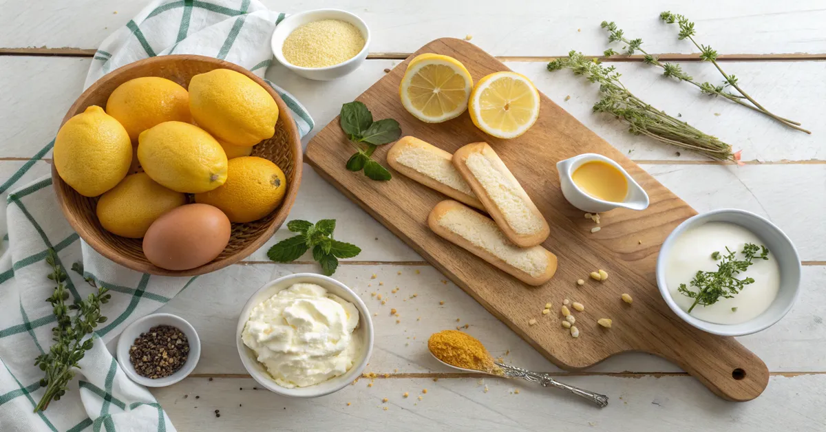 Fresh ingredients for homemade lemon tiramisu recipe laid out on wooden cutting board