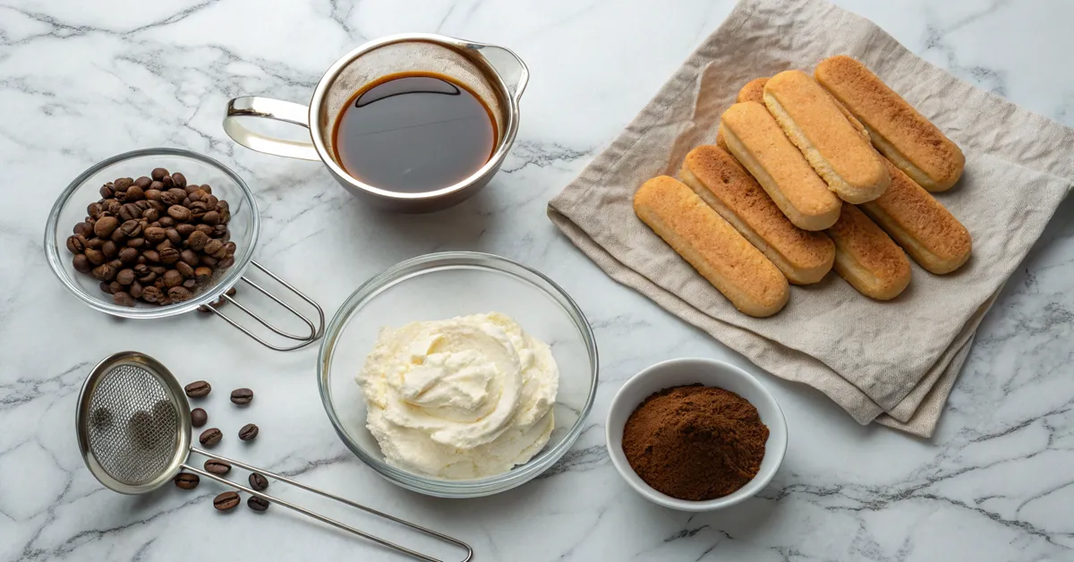 Tiramisu recipe ingredients laid out including mascarpone cheese and ladyfingers