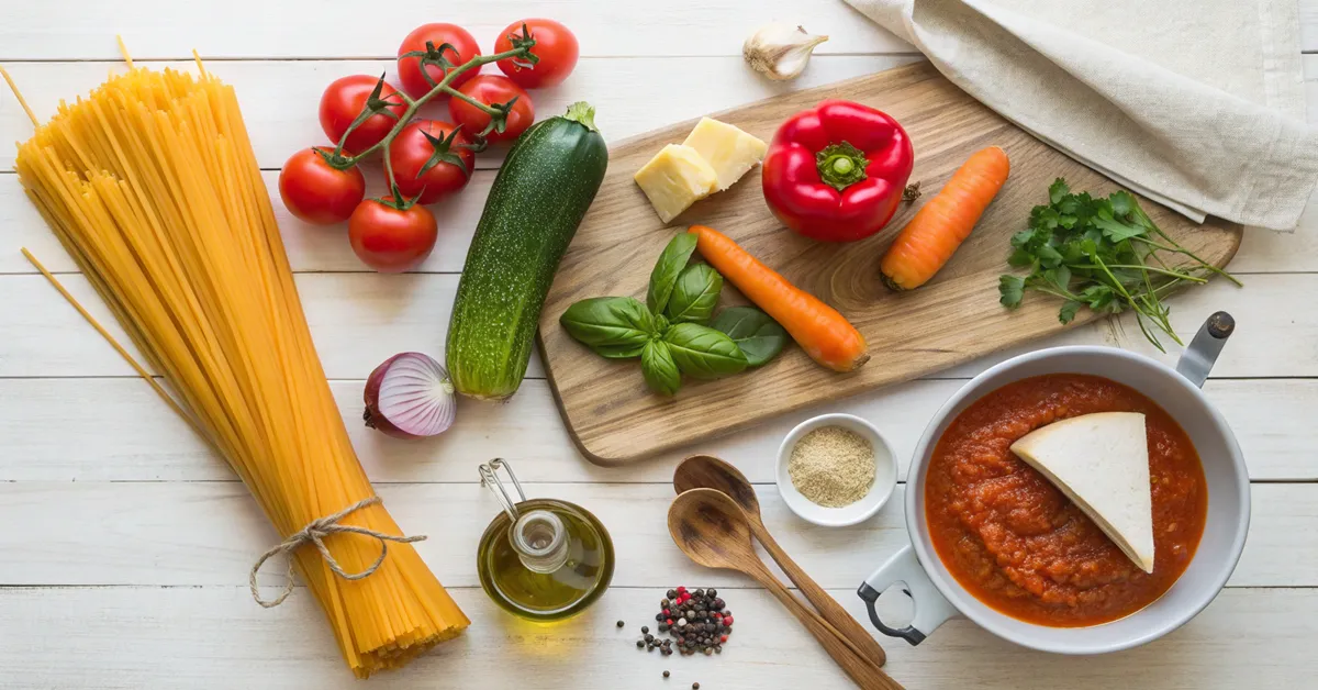 vegetable-spaghetti-ingredients Fresh ingredients laid out for making vegetable spaghetti