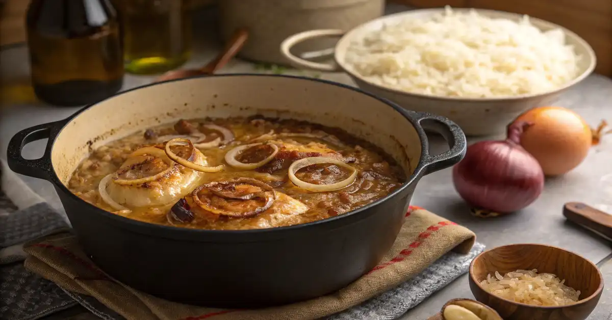 french-onion-soup-chicken-rice-cooking. French onion soup chicken and rice simmering in Dutch oven