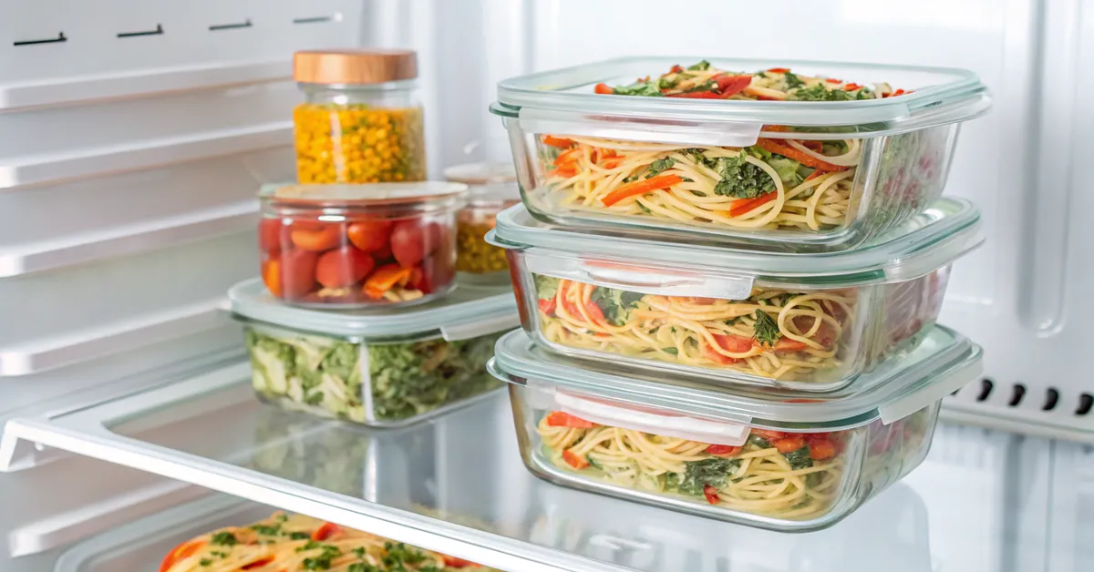 spaghetti-salad-recipe-meal-prep-storage Meal prep containers with spaghetti salad recipe portions stored in refrigerator