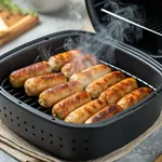 Cooked chicken sausages in air fryer basket ready to serve