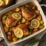 Greek lemon chicken and potatoes in baking dish