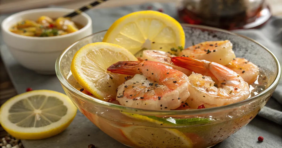lemon-and-pepper-shrimp-marinade Lemon and pepper shrimp marinating in lemon juice