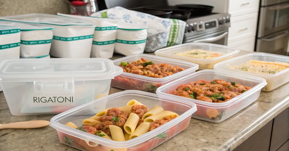 Meal prep containers and storage solutions for rigatoni 