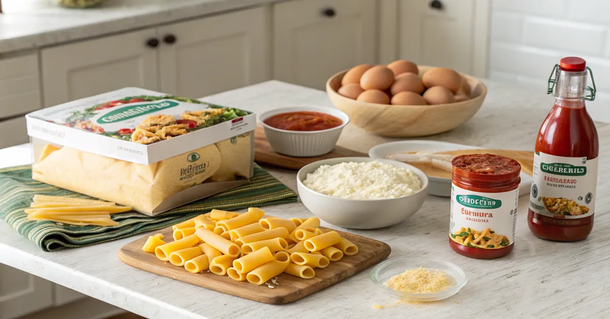 Common grocery ingredients needed for easy rigatoni stuffed pasta recipe 