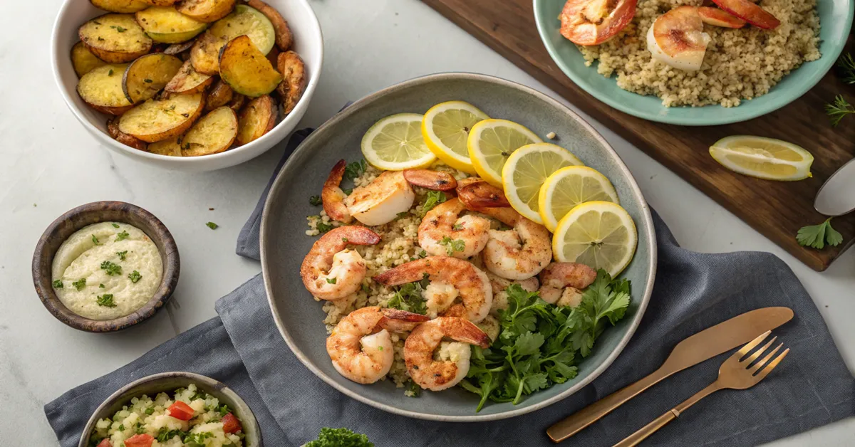 lemon-and-pepper-shrimp-with-sides Lemon and pepper shrimp with Mediterranean sides