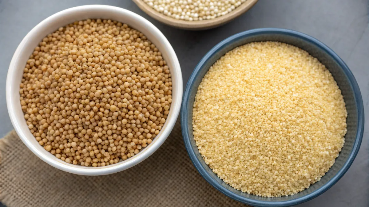 couscous-quinoa-grains Raw couscous and quinoa grains side by side