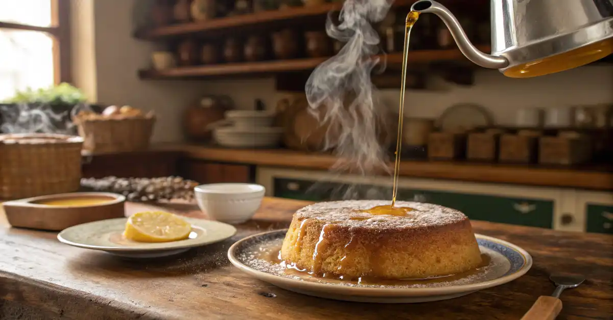 Lemon syrup poured on Italian lemon cake