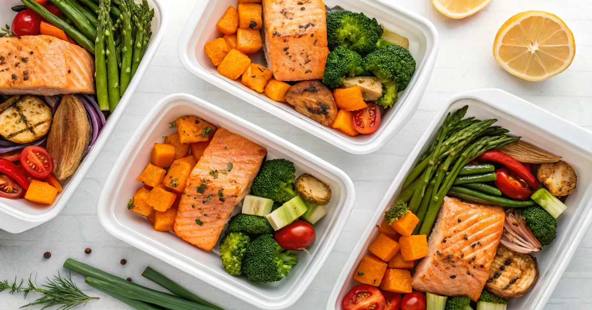 roasted-vegetables-salmon-meal-prep Roasted vegetables salmon meal prep containers