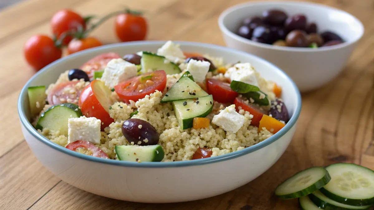 mediterranean-couscous-quinoa-salad Mediterranean couscous and quinoa salad with feta and olives