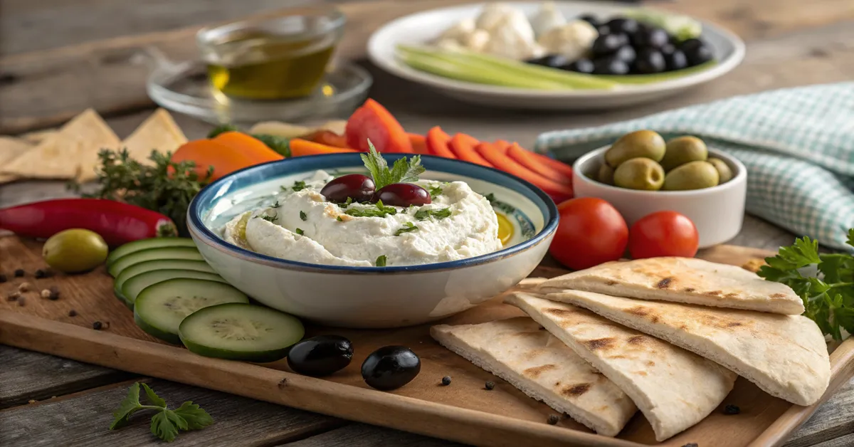 tazikis-whipped-feta-mezze-platter Taziki's Whipped Feta Recipe on Mediterranean mezze platter