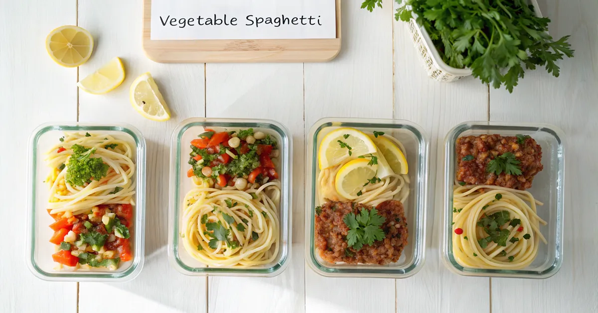 vegetable-spaghetti-meal-prep Vegetable spaghetti stored in labeled meal prep containers