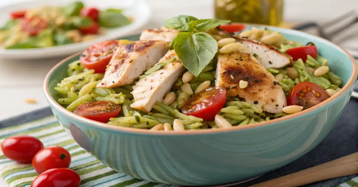 orzo-pesto-pasta-salad-with-chicken Orzo Pesto Pasta Salad with Grilled Chicken Breast