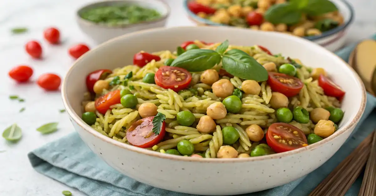 orzo-pesto-pasta-salad-with-chickpeas Vegan Orzo Pesto Pasta Salad with Chickpeas and Fresh Herbs