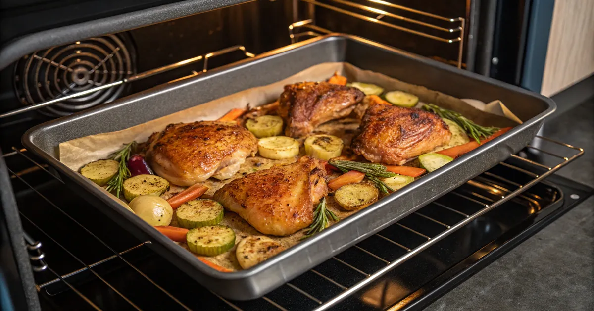 roasting-sheet-pan-chicken-thighs-and-veggies-400 Sheet pan chicken thighs and veggies roasting at 400 degrees