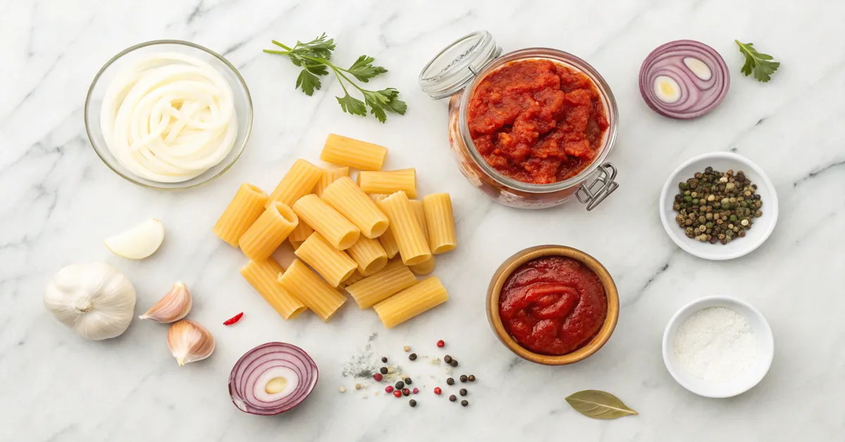 spicy-rigatoni-ingredients-flatlay Ingredients for spicy rigatoni recipe laid out on marble counter