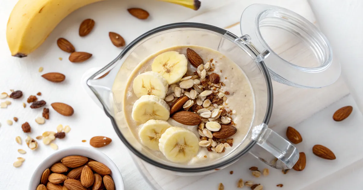 blending-gluten-free-banana-nut-smoothie Blending ingredients for gluten-free banana nut smoothie