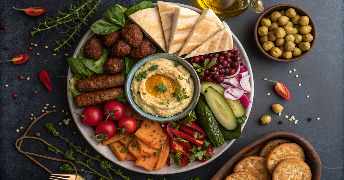 Mediterranean platter with hummus basar and side dishes