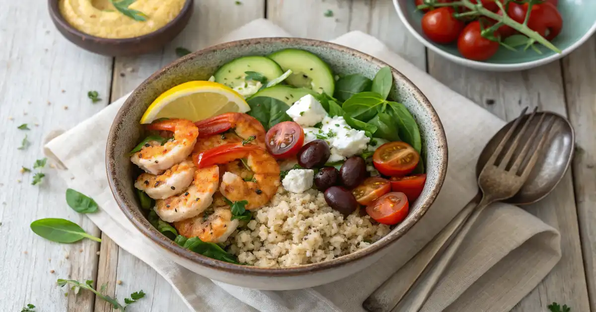 mediterranean-shrimp-bowl Mediterranean shrimp bowl with shrimp, grains, and fresh veggies