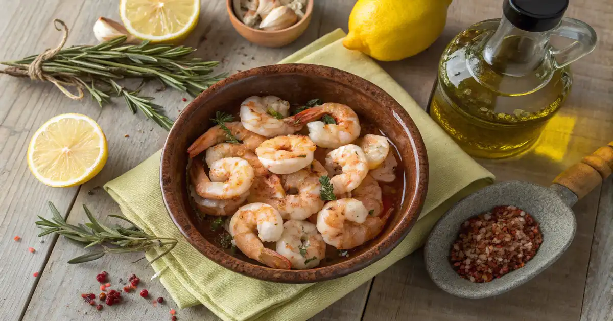 marinating-shrimp-mediterranean-shrimp-bowl Marinating shrimp with olive oil, lemon, garlic, oregano, paprika, and spices for Mediterranean shrimp bowl