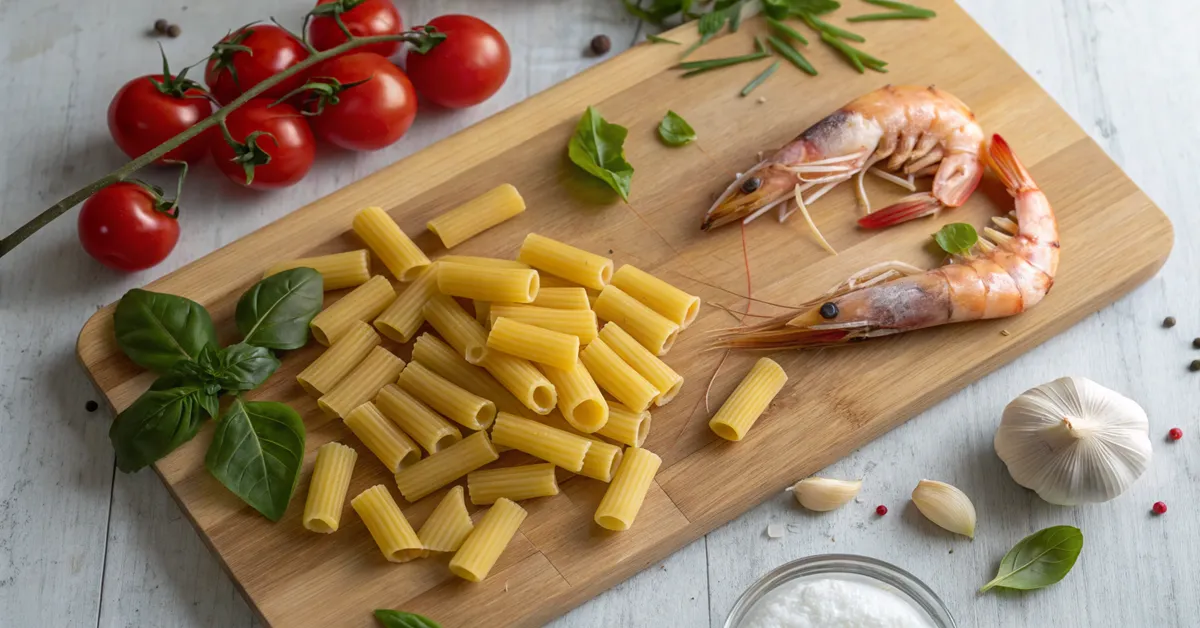Raw rigatoni pasta and fresh shrimp ingredients laid out for Mediterranean cooking
