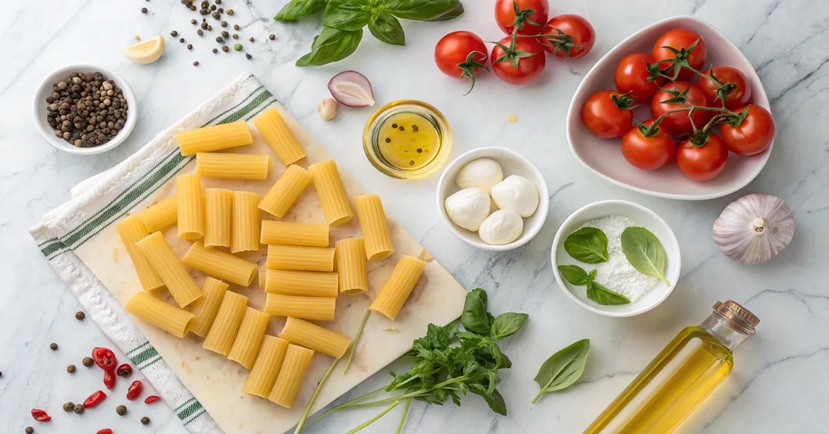 rigatoni-ingredients-preparation Raw rigatoni pasta with fresh ingredients for baking