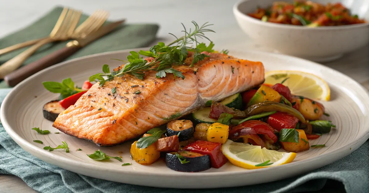 served-roasted-vegetables-salmon-herbs Served roasted vegetables salmon with fresh herbs
