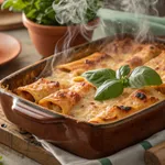 Baked rigatoni without meat in ceramic dish with golden cheese topping