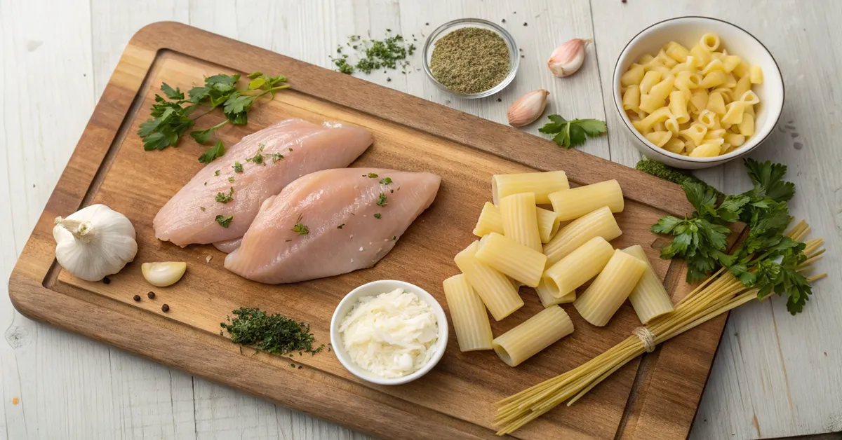 chicken-rigatoni-ingredients-prep Fresh ingredients for chicken rigatoni recipe preparation