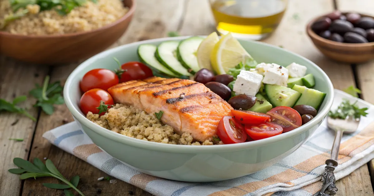 Delicious Mediterranean salmon bowl with fresh ingredients
