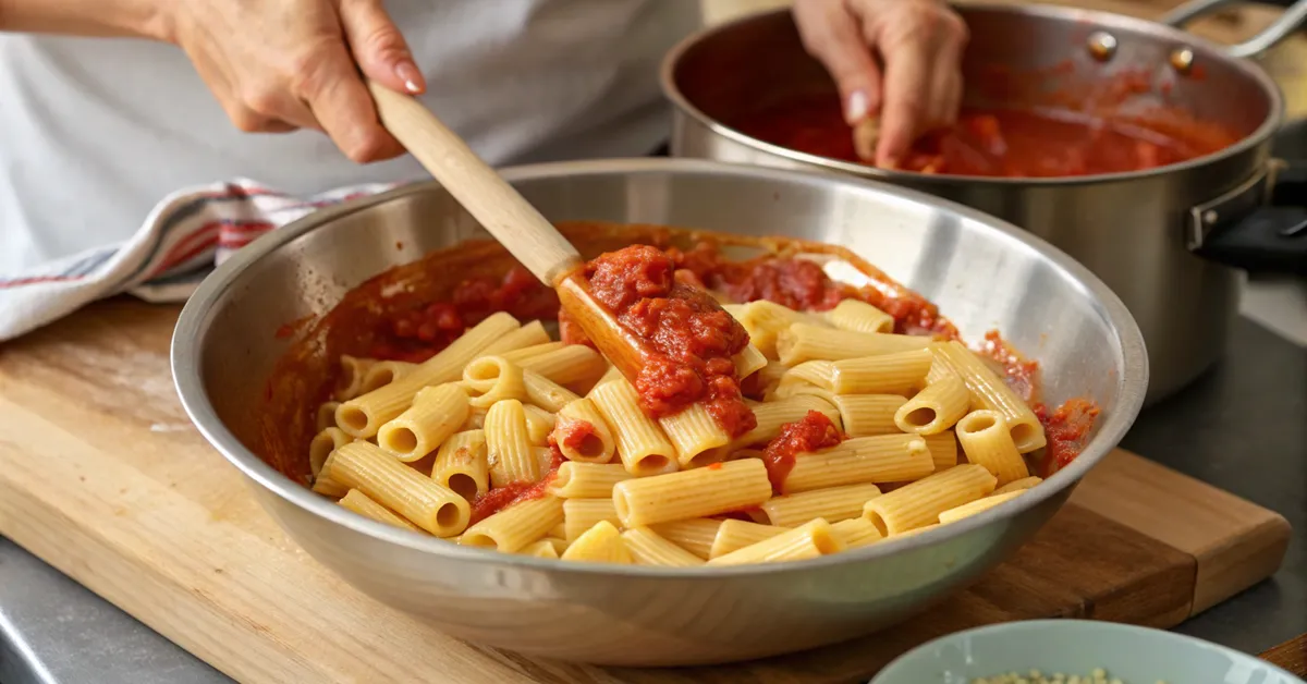 rigatoni-mixing-sauce-process Mixing rigatoni pasta with tomato sauce preparation step
