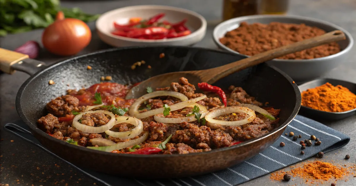 hummus-bil-lahme-cooking-lahme Cooking lahme topping for Hummus bil Lahme