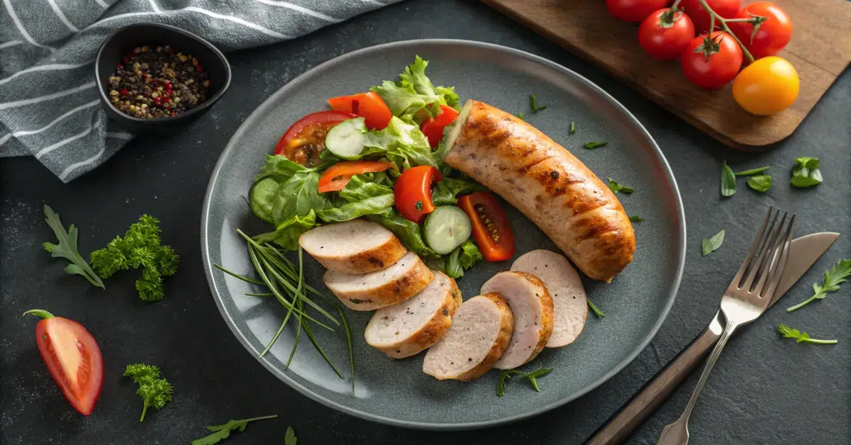 chicken-sausage-air-fryer-plated Chicken sausage air fryer final result ready to eat with vegetables