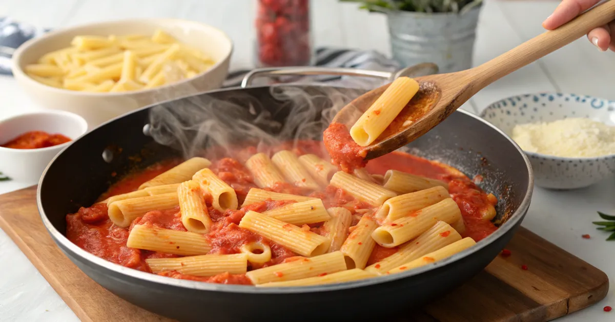 cooking-spicy-rigatoni-process Cooking spicy rigatoni pasta in creamy sauce in large skillet