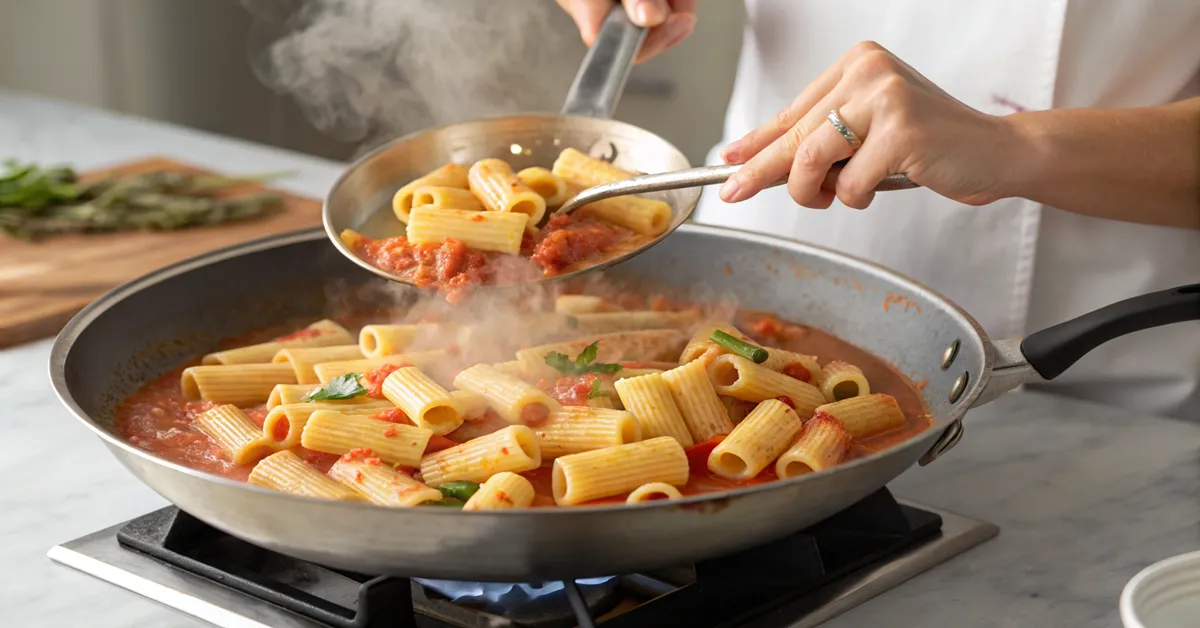 Cooking mezzi rigatoni pasta in skillet with creamy tomato sauce