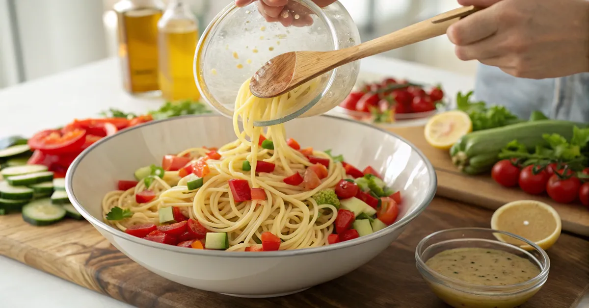 spaghetti-salad-recipe-mixing-process Mixing spaghetti pasta with fresh vegetables for homemade spaghetti salad recipe